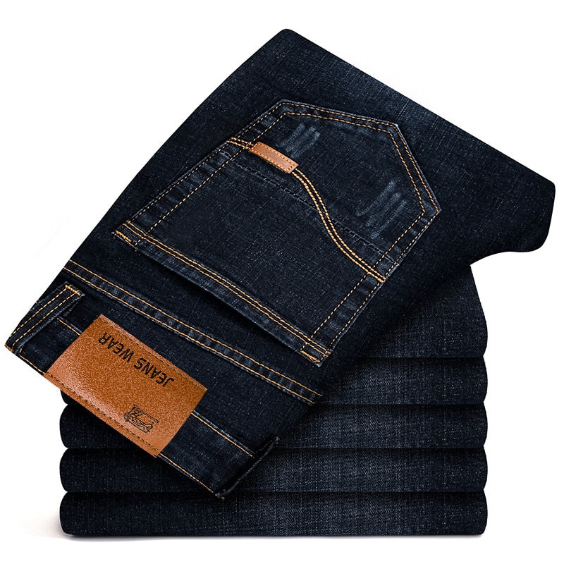 Brother Wang Brand Men's Slim Fit Jeans Fashion Business Classic Style Stretch Jeans Denim Pants Casual Trousers Male Black Blue