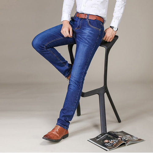Brother Wang Brand Men's Slim Fit Jeans Fashion Business Classic Style Stretch Jeans Denim Pants Casual Trousers Male Black Blue