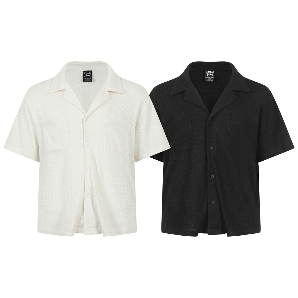 Texture sensation lapel short sleeved shirt for men simple solid color Cuban collar shirt