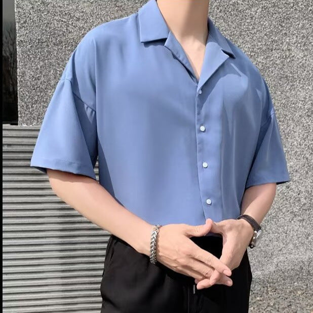 Cuban collar short sleeved men's simple casual cool shirt with five and a half sleeves