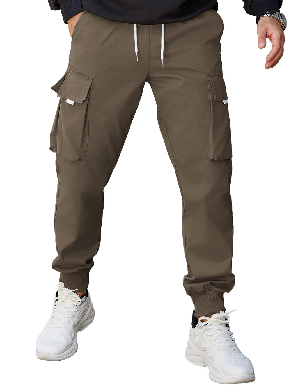Mens Cargo Pants Elastic Waist Drawstring Tapered Cargo Joggers Lightweight Cargo Pants Light Brown 40W
