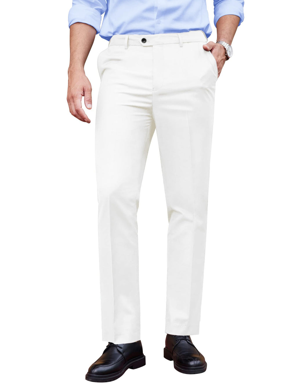 Mens Classic Fit Dress Pants Flat Front Straight Formal Pants Wrinkle Free Expandable Waist Suit Pants Grey