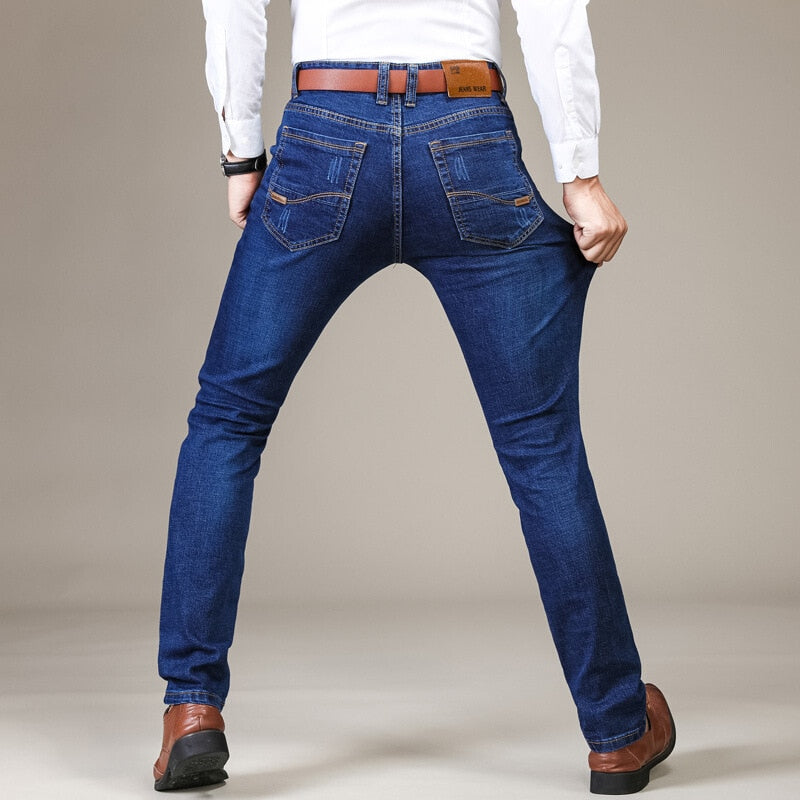 Brother Wang Brand Men's Slim Fit Jeans Fashion Business Classic Style Stretch Jeans Denim Pants Casual Trousers Male Black Blue