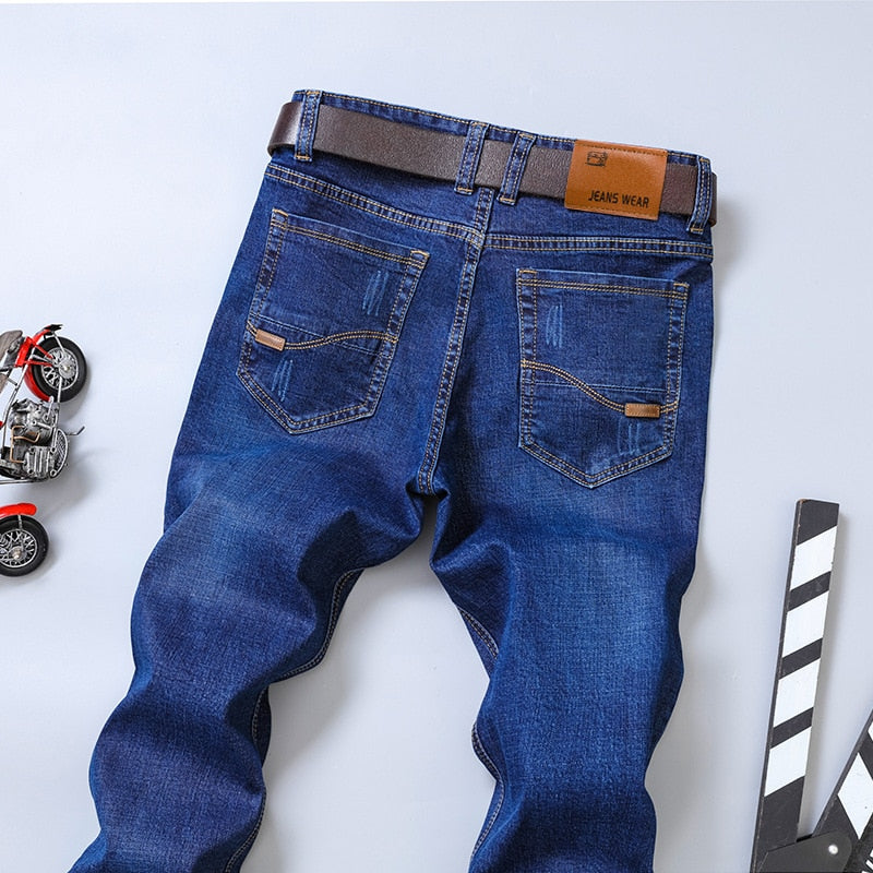 Brother Wang Brand Men's Slim Fit Jeans Fashion Business Classic Style Stretch Jeans Denim Pants Casual Trousers Male Black Blue