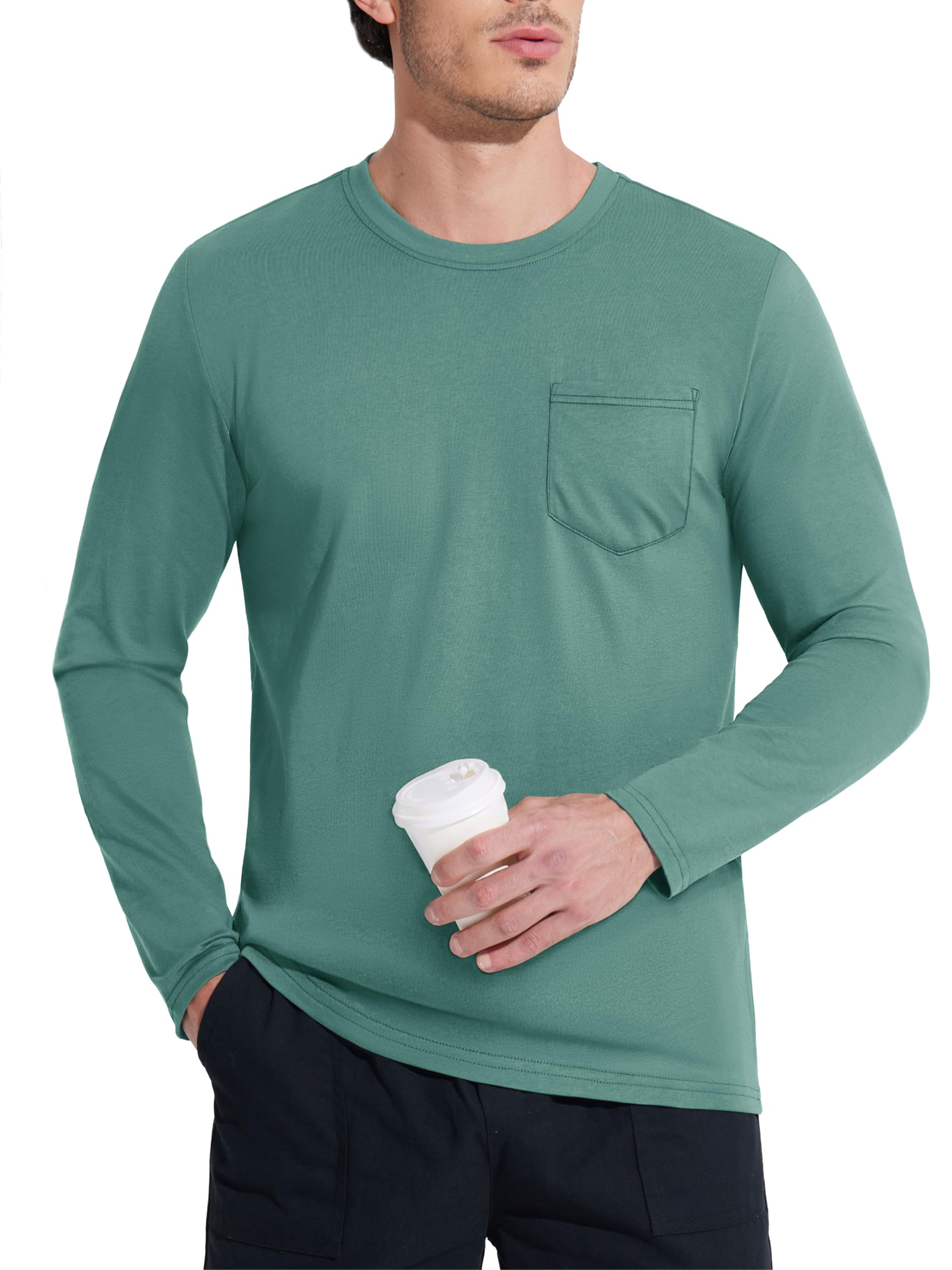 Mens Long Sleeve T Shirt Office Work Shirt with Pocket Cotton Tee Shirt with Pocket Grey GreenS