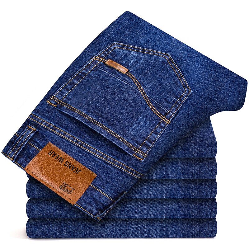 Brother Wang Brand Men's Slim Fit Jeans Fashion Business Classic Style Stretch Jeans Denim Pants Casual Trousers Male Black Blue