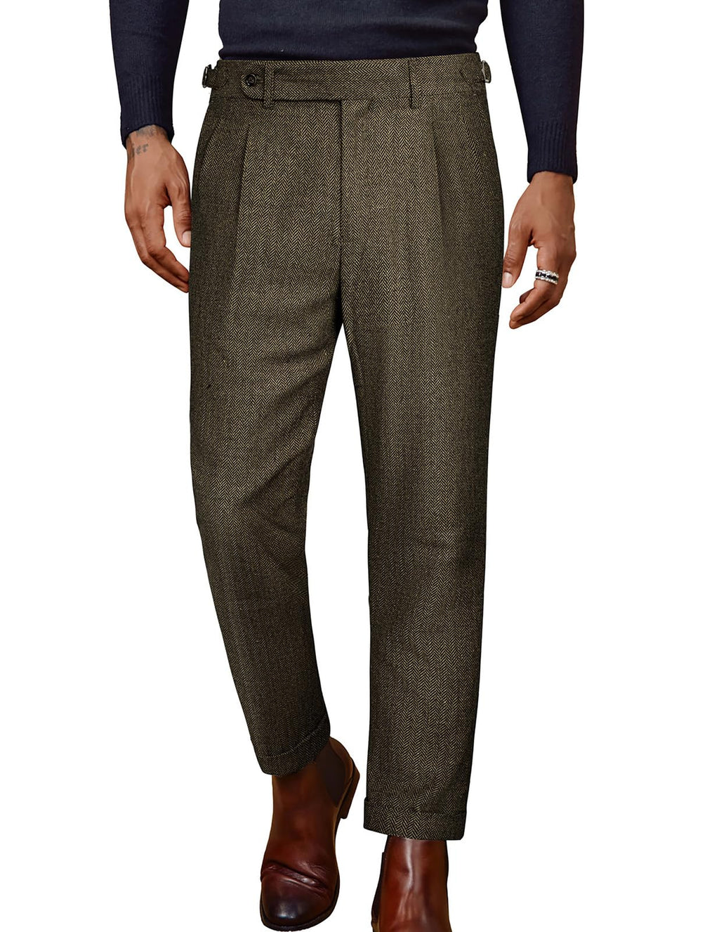 Mens Winter Warm Tweed Pants Double Pleated Italian Vintage Dress Pants Black Khaki