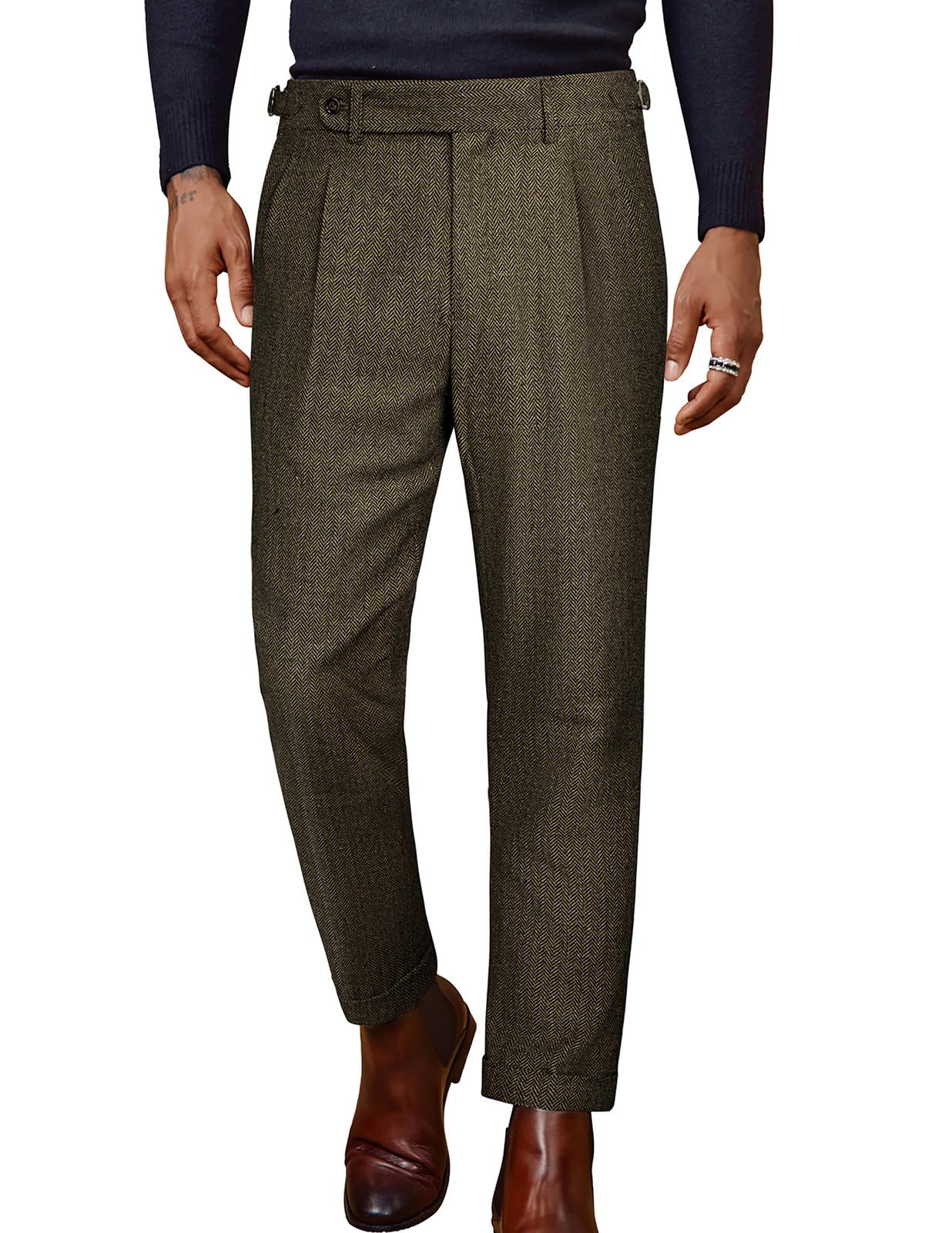 Mens Winter Warm Tweed Pants Double Pleated Italian Vintage Dress Pants Black Khaki