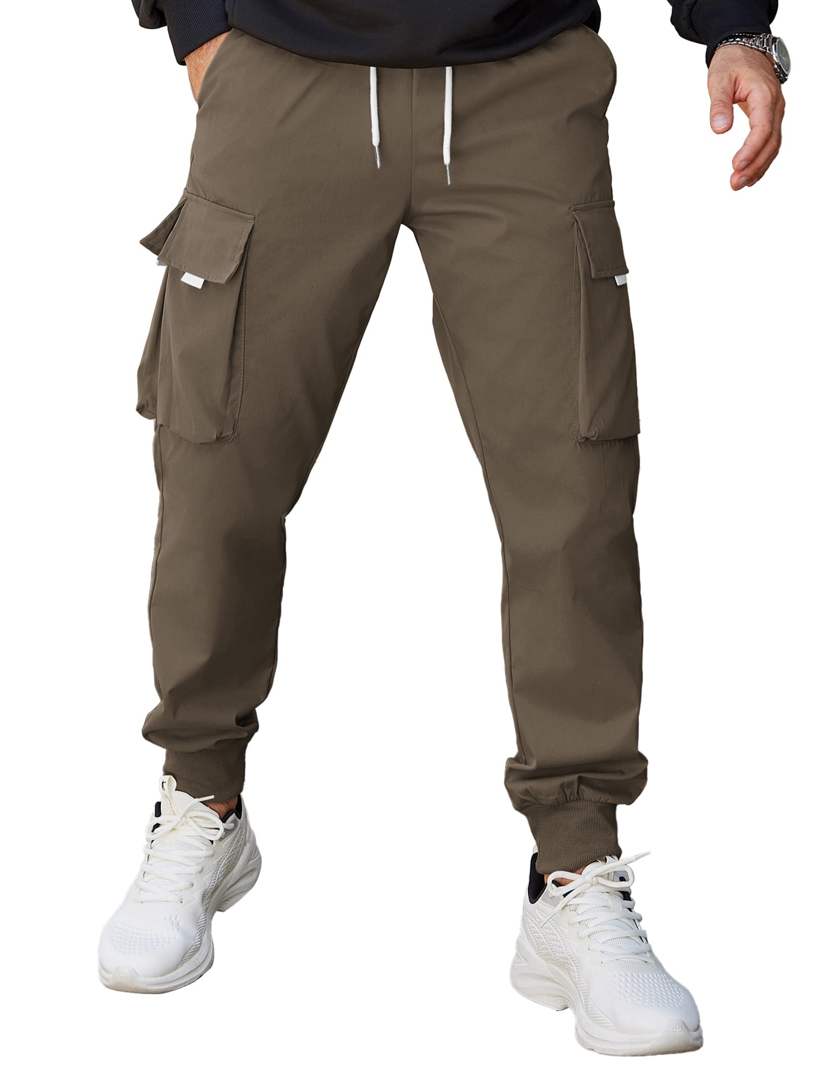 Mens Cargo Pants Elastic Waist Drawstring Tapered Cargo Joggers Lightweight Cargo Pants Light Brown 40W