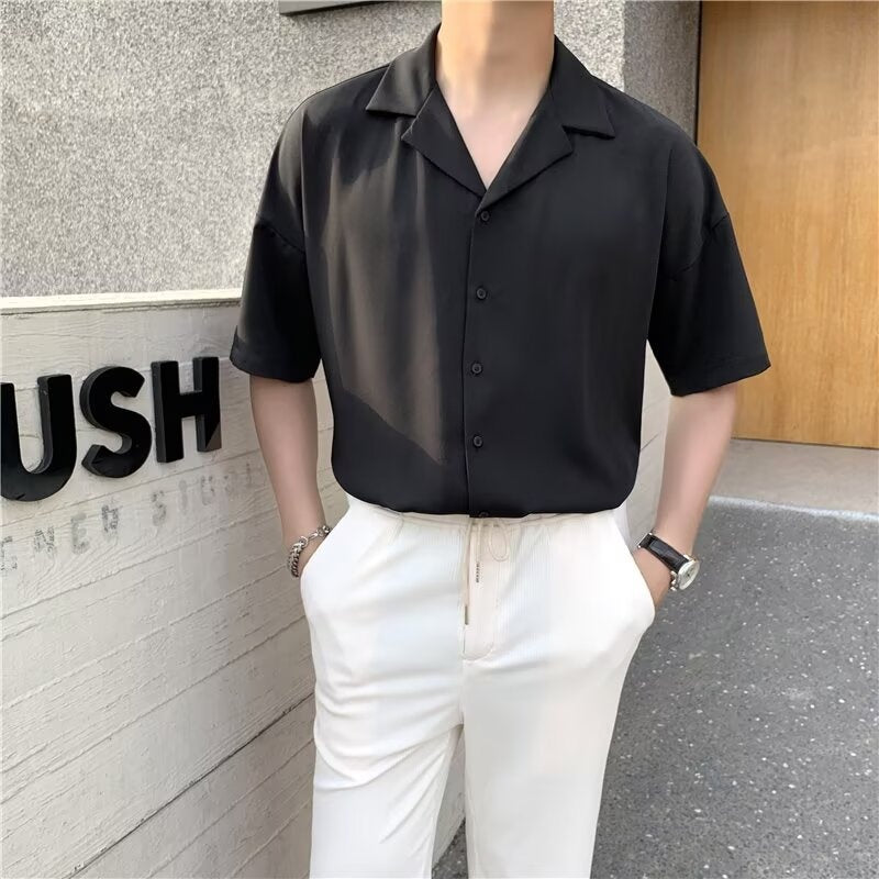 Cuban collar short sleeved men's simple casual cool shirt with five and a half sleeves