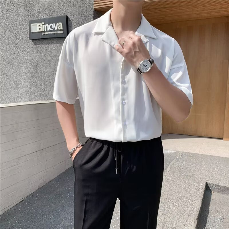 Cuban collar short sleeved men's simple casual cool shirt with five and a half sleeves