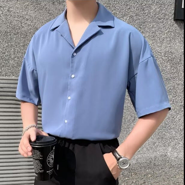 Cuban collar short sleeved men's simple casual cool shirt with five and a half sleeves