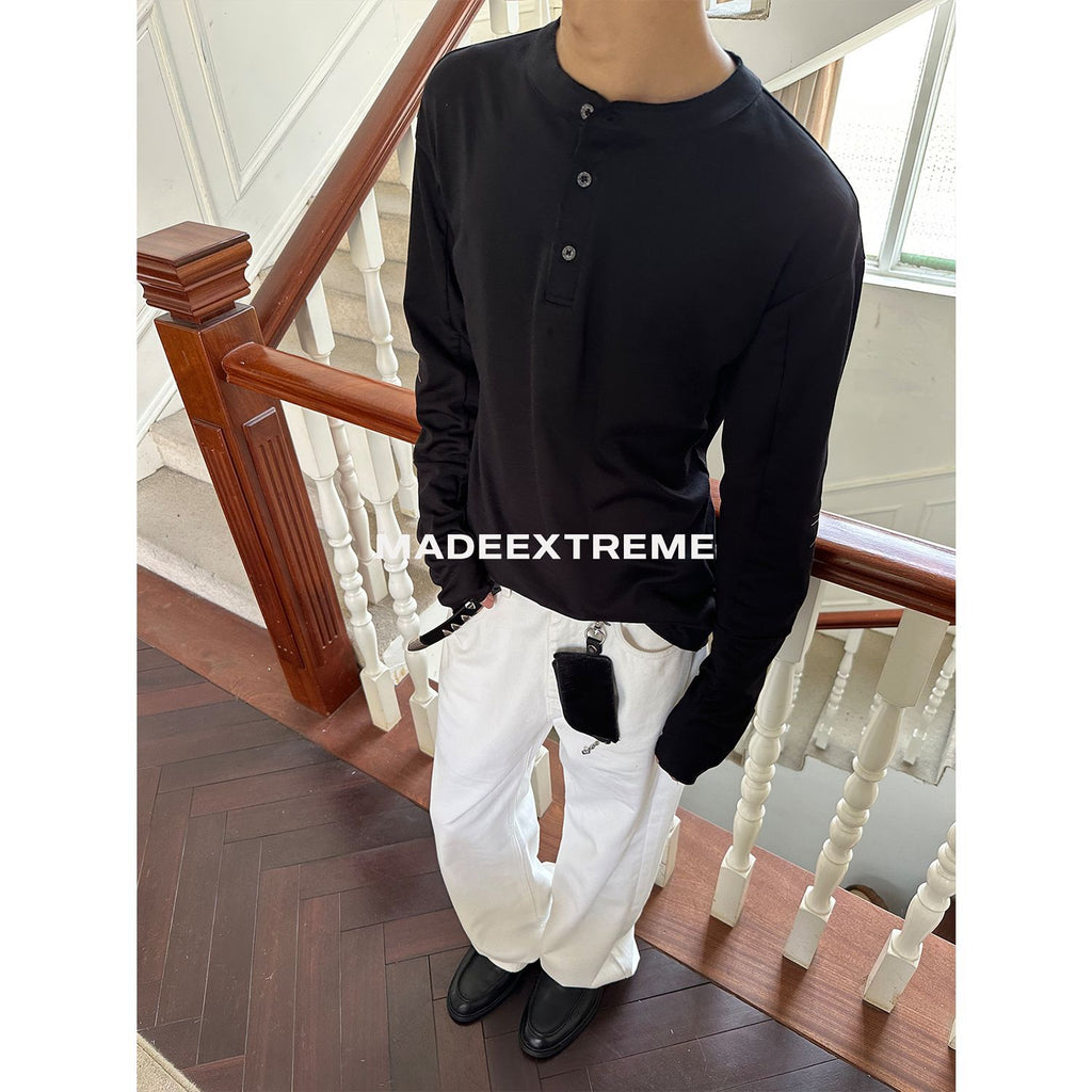 Minimalist Henley Shirt Button Long Sleeve T-Shirt Unisex Loose Fit Base