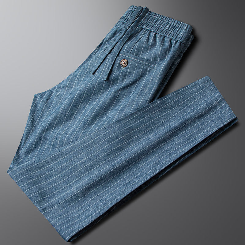Elegant High-End Cotton Linen Casual Pants for Men Spring Summer Durable Elastic Slim Fit Youth Fashion Trousers