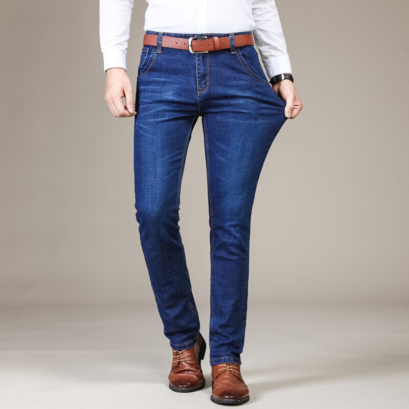 Brother Wang Brand Men's Slim Fit Jeans Fashion Business Classic Style Stretch Jeans Denim Pants Casual Trousers Male Black Blue