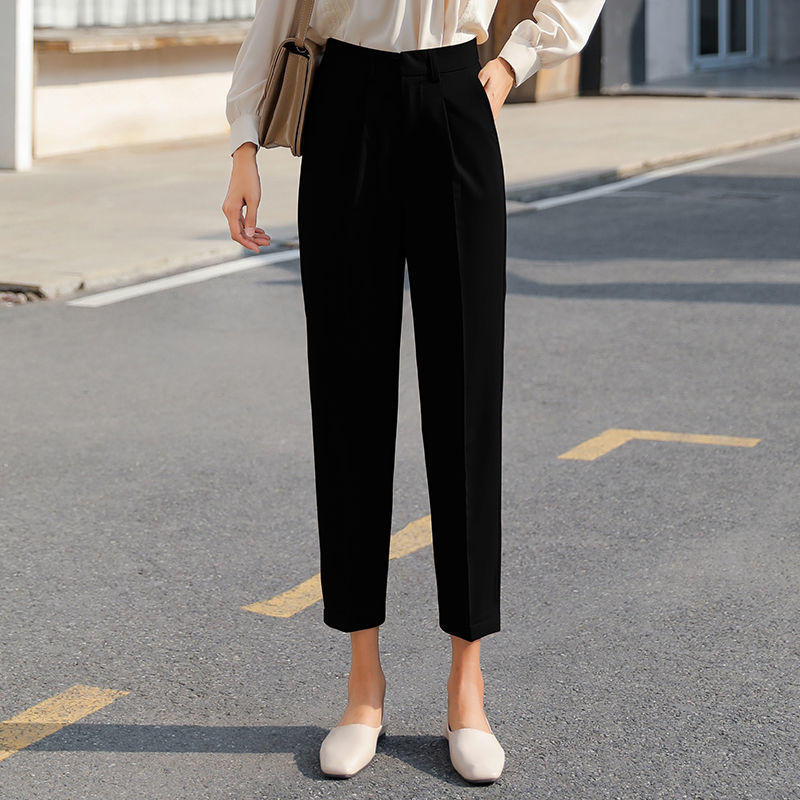 High-Waisted Black Slim Pleated Cigarette Pants