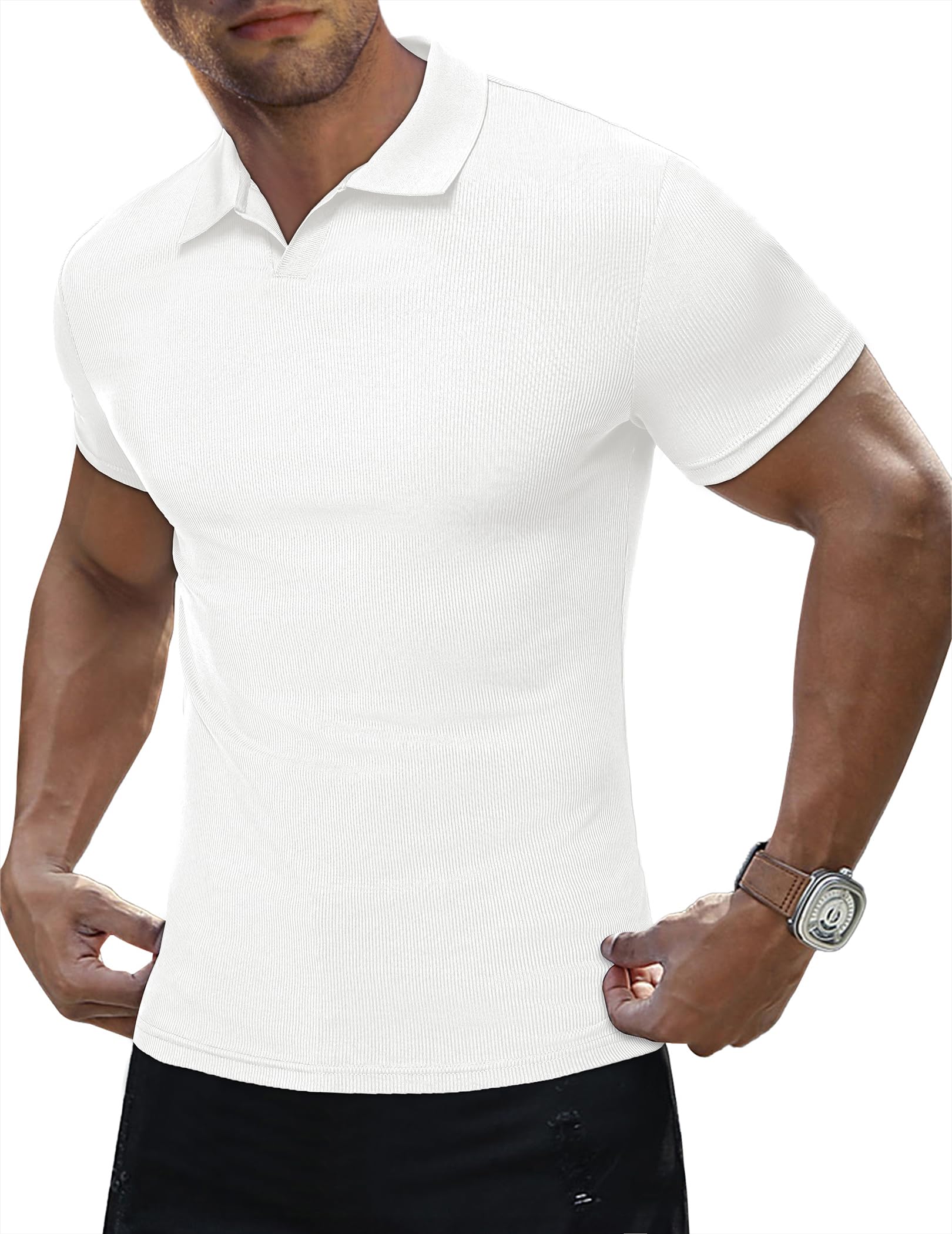 Mens Muscle V Neck Polo Shirts Casual Short Sleeve Slim Fit Stretch